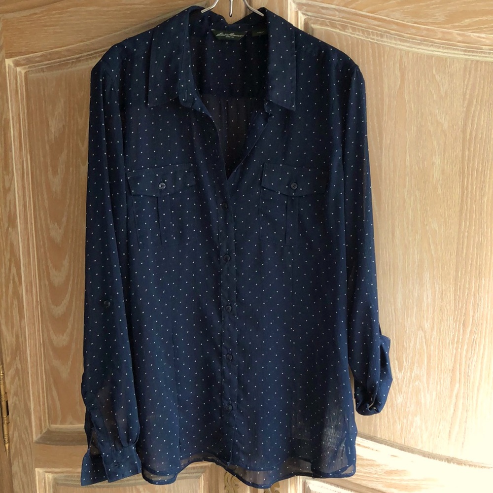 Eddie Bauer Navy polka dotted blouse size large.